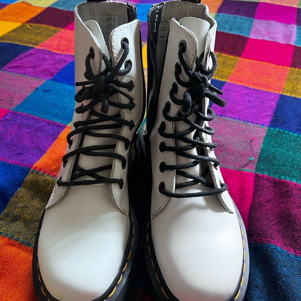 White Dr. Martens Jadon Boots with Black laces and heels